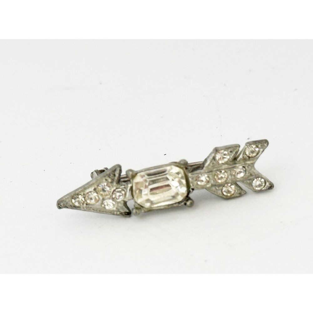 Vintage Pot Metal Brooch Rhinestone Arrow Pin Silver Tone